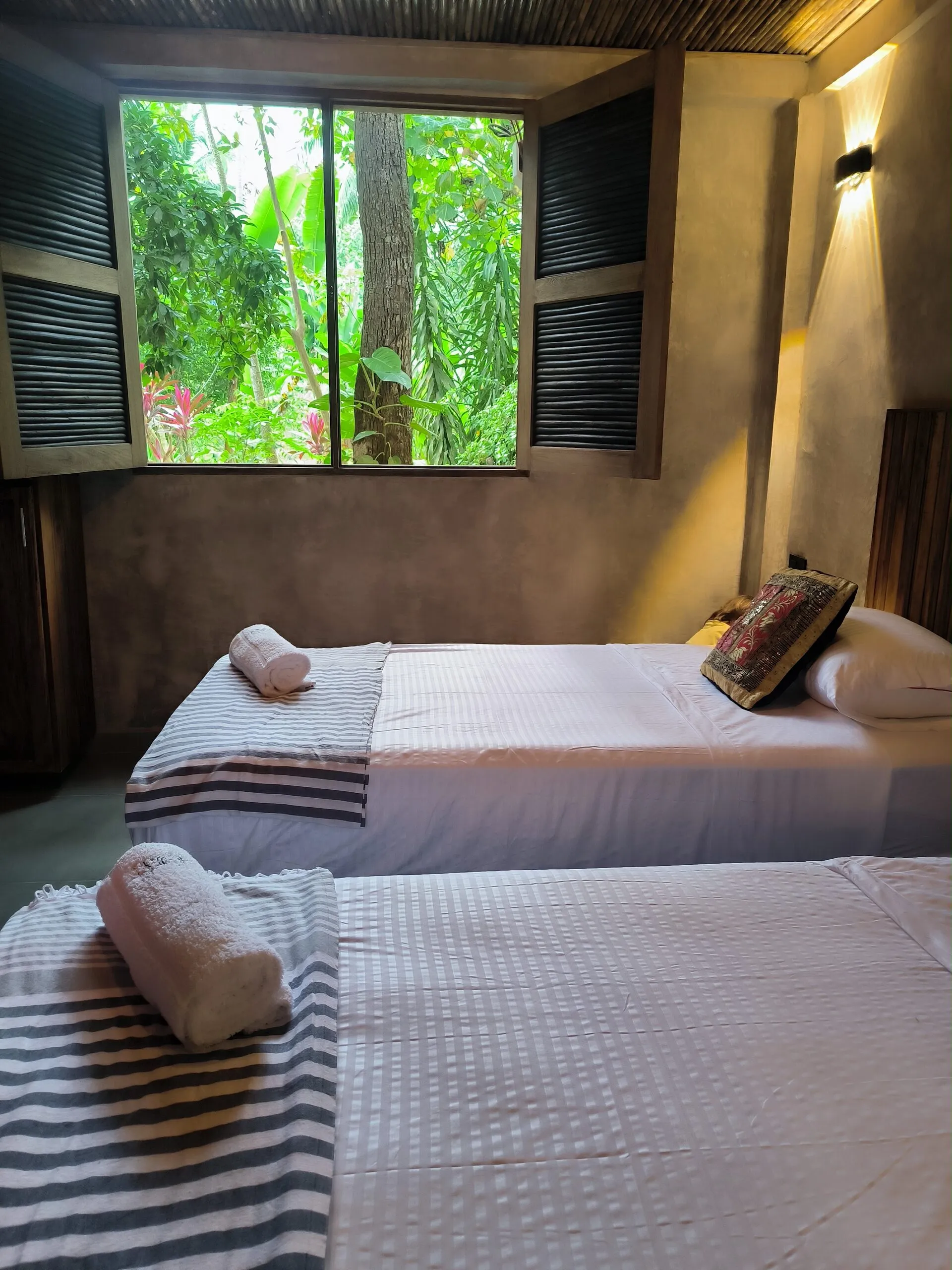 Two beds and a window to the forest